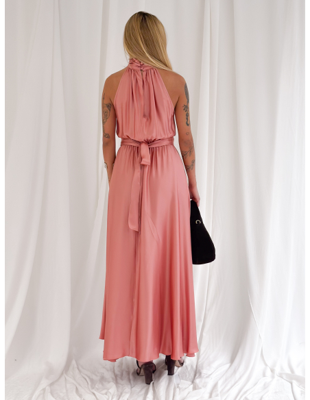 Long halterneck viscose satin dress