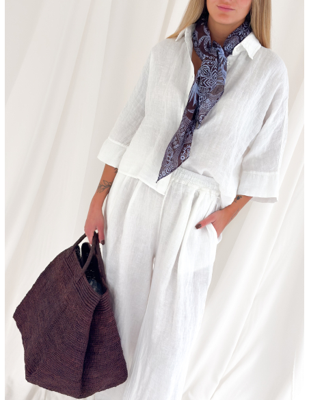 Half-sleeved crop shirt in pure linen