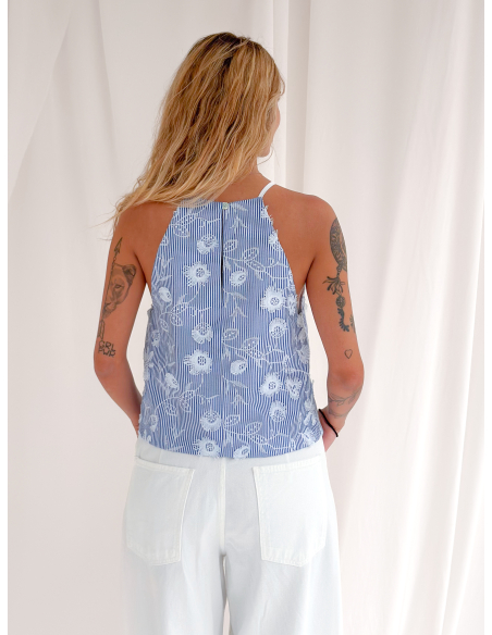 Striped top with floral embroidery