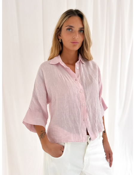 Half-sleeved crop shirt in pure linen