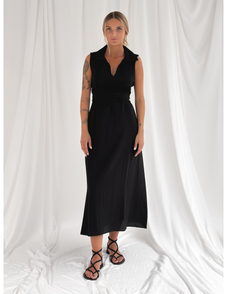 Midi Dress with Polo Collar and Draped Wais