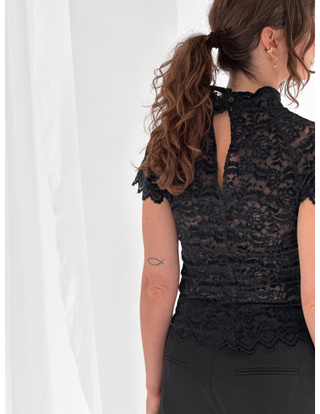 Half-sleeved velvet embroidered lace top
