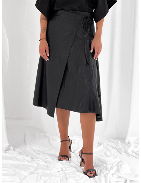 Eco leather midi skirt with wrap closure