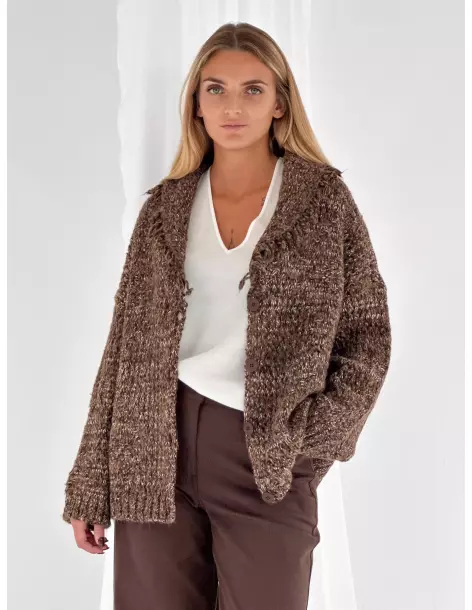 Salt-and-pepper cardigan with fringe