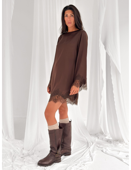 Viscose satin mini dress with lace inserts