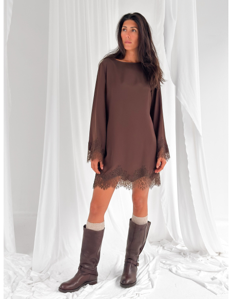 Viscose satin mini dress with lace inserts