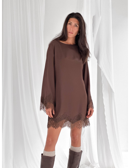 Mini dress in raso di viscosa con inserti in pizzo