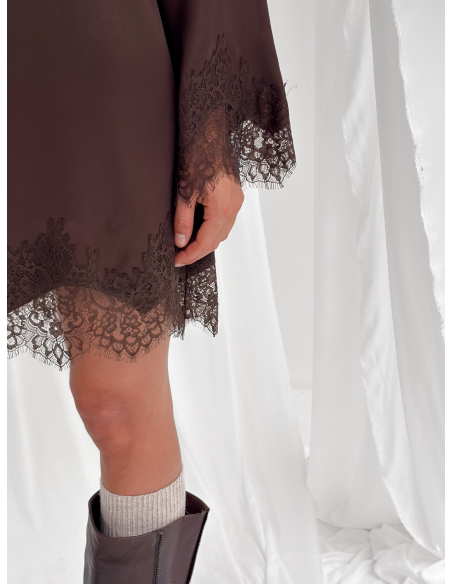 Viscose satin mini dress with lace inserts