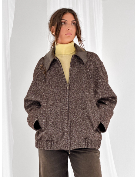 Herringbone bomber jacket with faux leather inserts