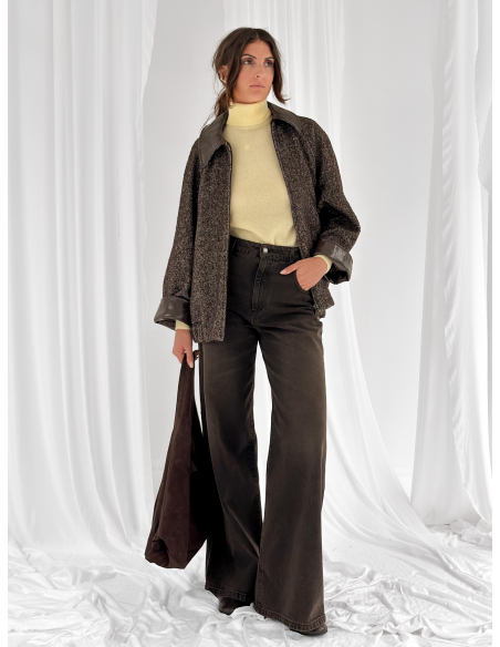 Herringbone bomber jacket with faux leather inserts