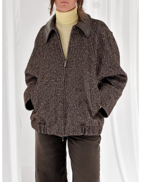 Herringbone bomber jacket with faux leather inserts