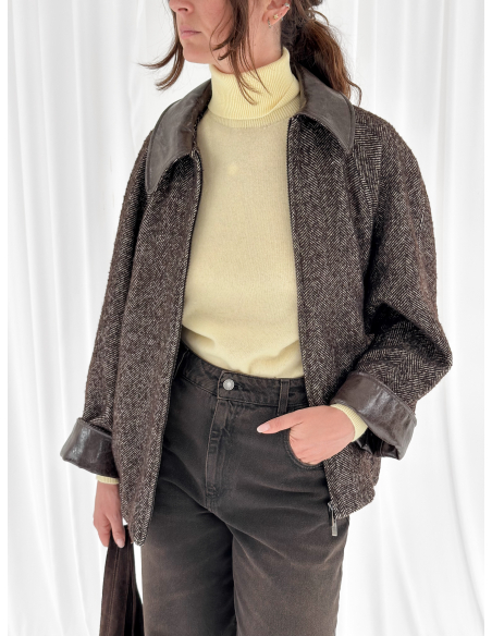 Herringbone bomber jacket with faux leather inserts