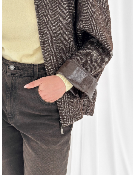 Herringbone bomber jacket with faux leather inserts