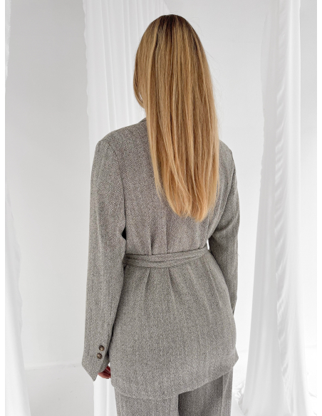 Double-breasted belted herringbone jacket