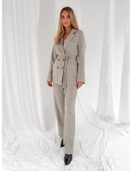 Double-breasted belted herringbone jacket