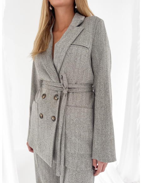 Double-breasted belted herringbone jacket