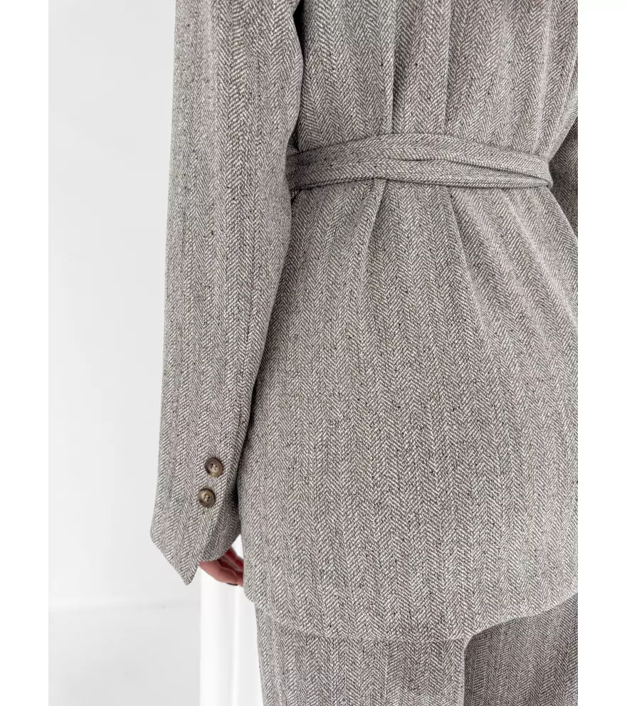 Double-breasted belted herringbone...