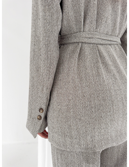 Double-breasted belted herringbone jacket