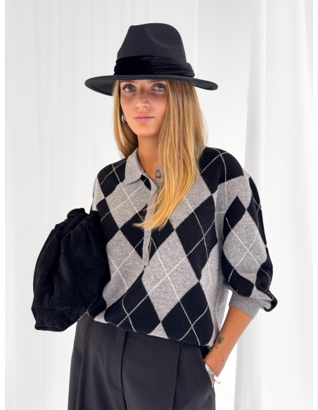 100% wool argyle polo sweater