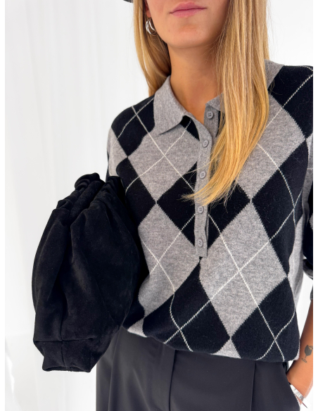 100% wool argyle polo sweater