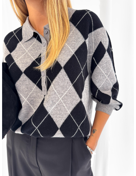 100% wool argyle polo sweater