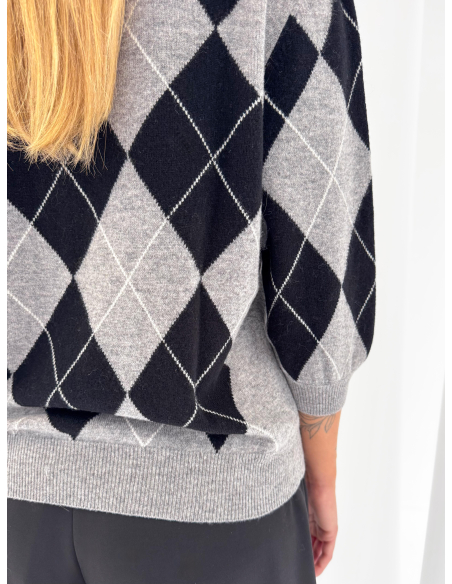 Maglione a polo stampa rombi 100% lana