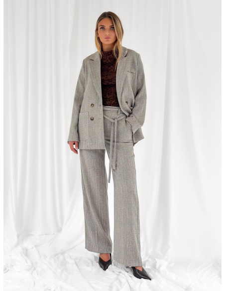 Double-breasted belted herringbone jacket