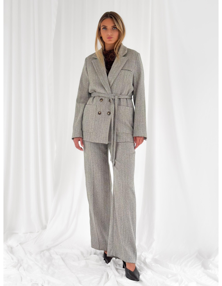 Double-breasted belted herringbone jacket