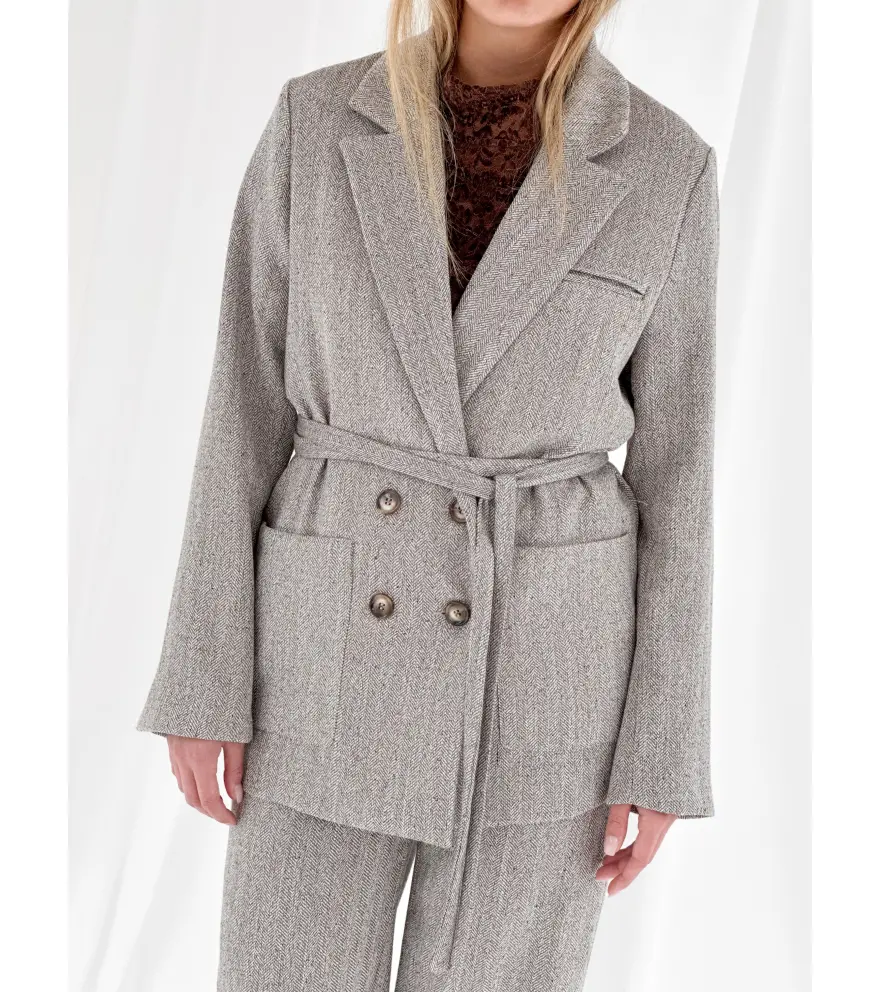 Double-breasted belted herringbone...