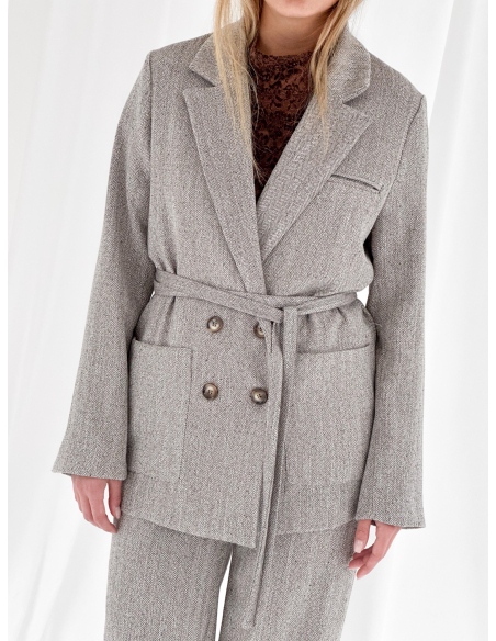 Double-breasted belted herringbone jacket