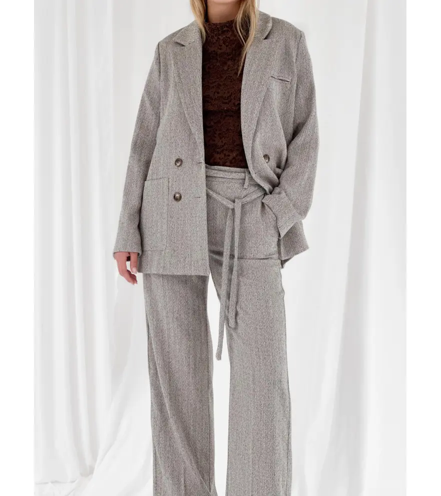 Double-breasted belted herringbone...