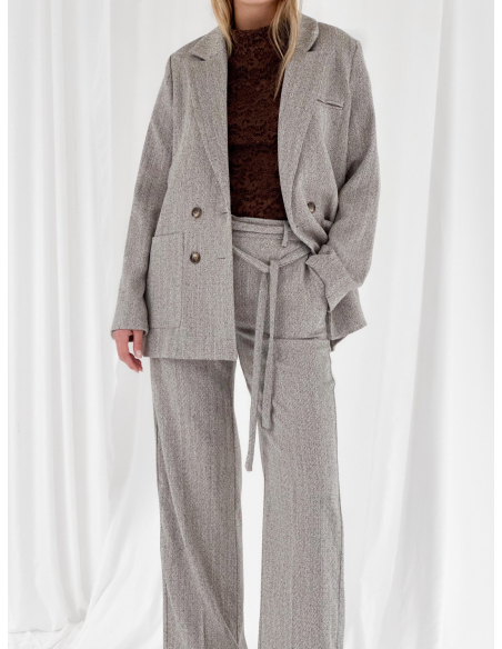 Double-breasted belted herringbone jacket