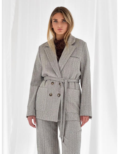 Double-breasted belted herringbone jacket